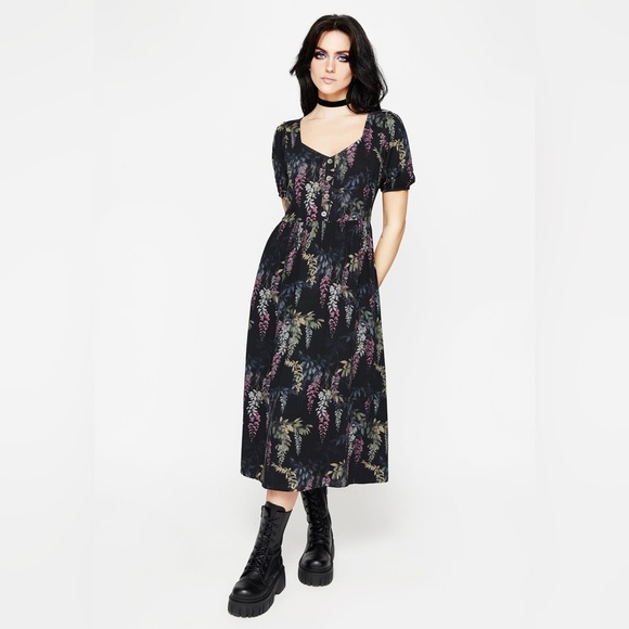NWT Disturbia Wisteria Floral Print Puff Sleeve Midi Dress US 8 / UK 12 - Picture 4 of 4